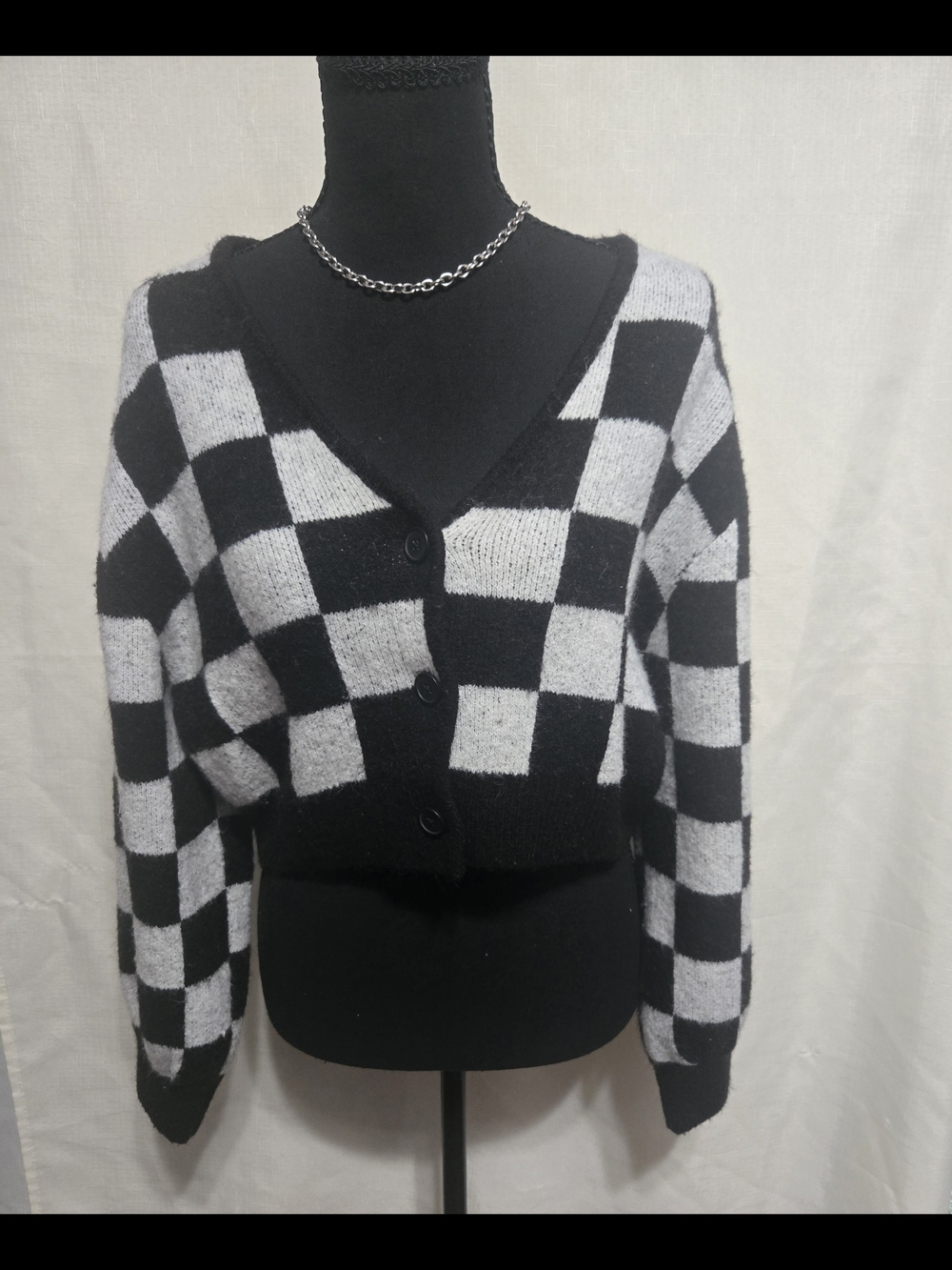 Divided Black and White Checkered V-Neck Button Cardigan